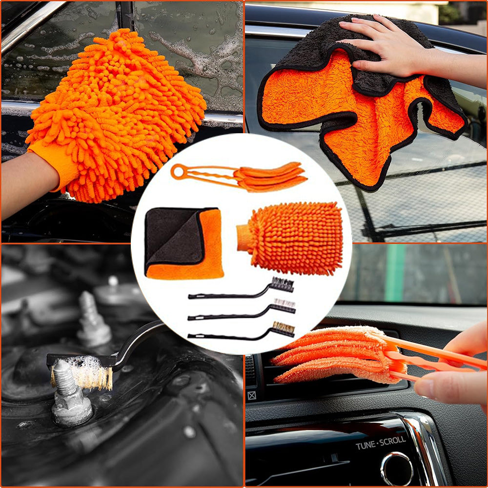 20 darabos tisztítókefék autóápoláshoz kívül-belül, autótisztító kefékkel, kefékkel és tisztítógéllel.